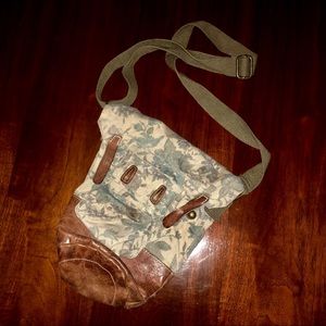 Vintage Knapsack Bag Faded Floral Green & Leather